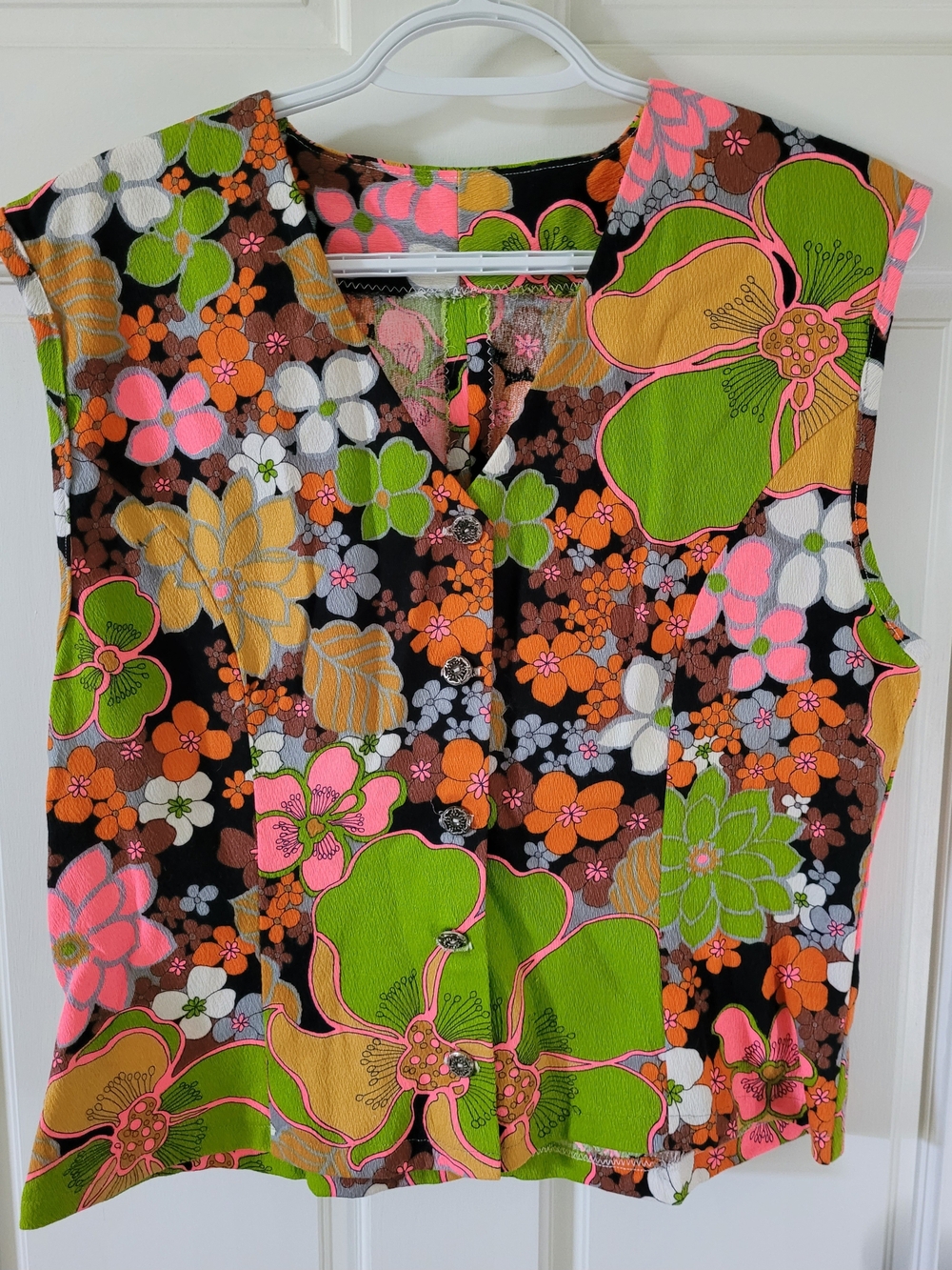 Retro Vintage Handmade Sleeveless Floral V-Neck Vest/Top in Black,Green & Pink